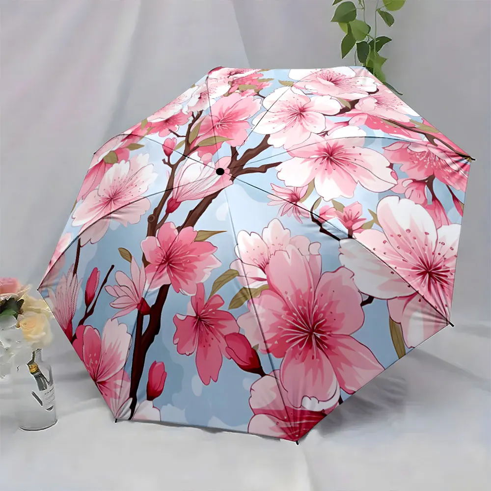 1PC Cherry Blossom Pattern Umbrella for Stylish Protection Print 8 Iron Ribs Folding Umbrella Auto-Open Fashion Sunshade
