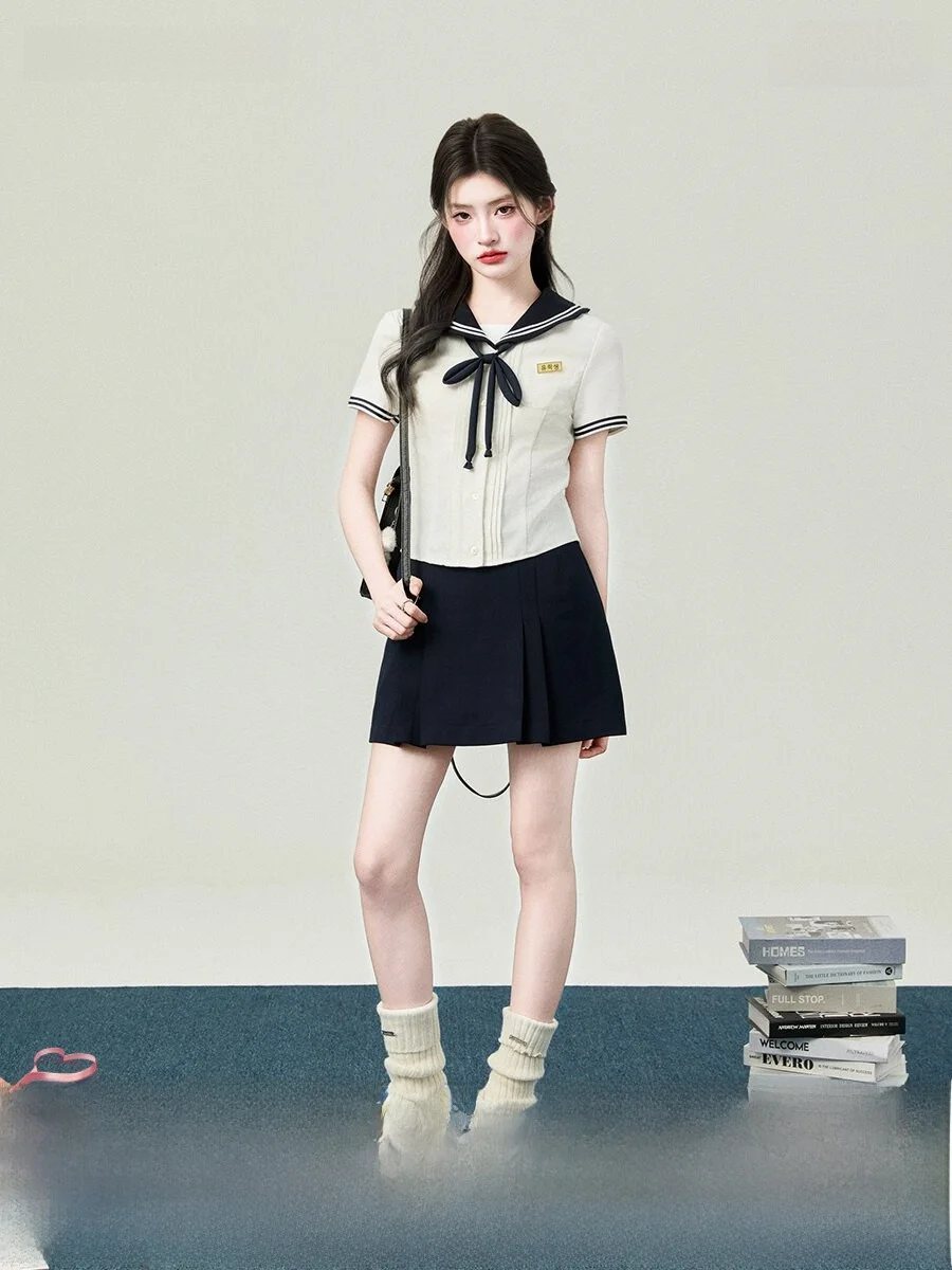 

Sweet Sle College orm irt Student aduation Season Set Summer Breathable ort Sve Navy Collar Top for Women