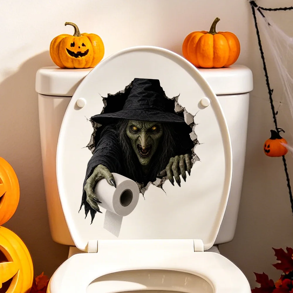 Halloween 3D Crack Wall Toilet Sticker Horror Ghost Skeleton Zombie Witch Decal Removable Bathroom Toilet Lid Party Decor
