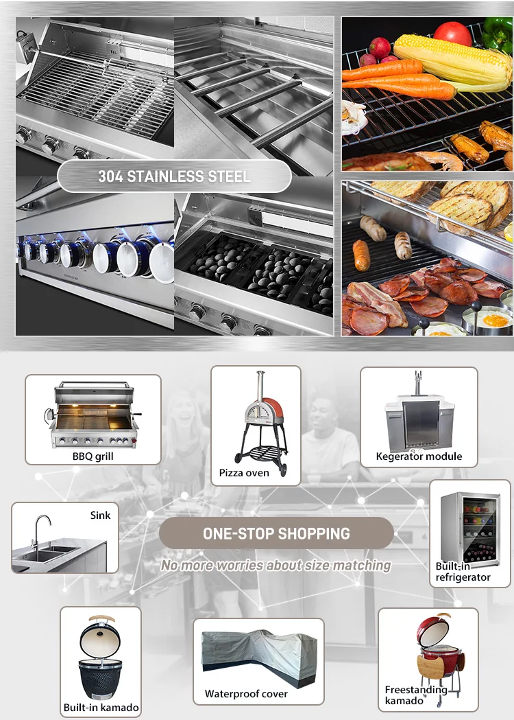 New Arrivals Customizable 304 SS Outdoor Kitchen Set Garden/camping Complete Outside Kitchen with Sink Pizza Oven & Kamado
