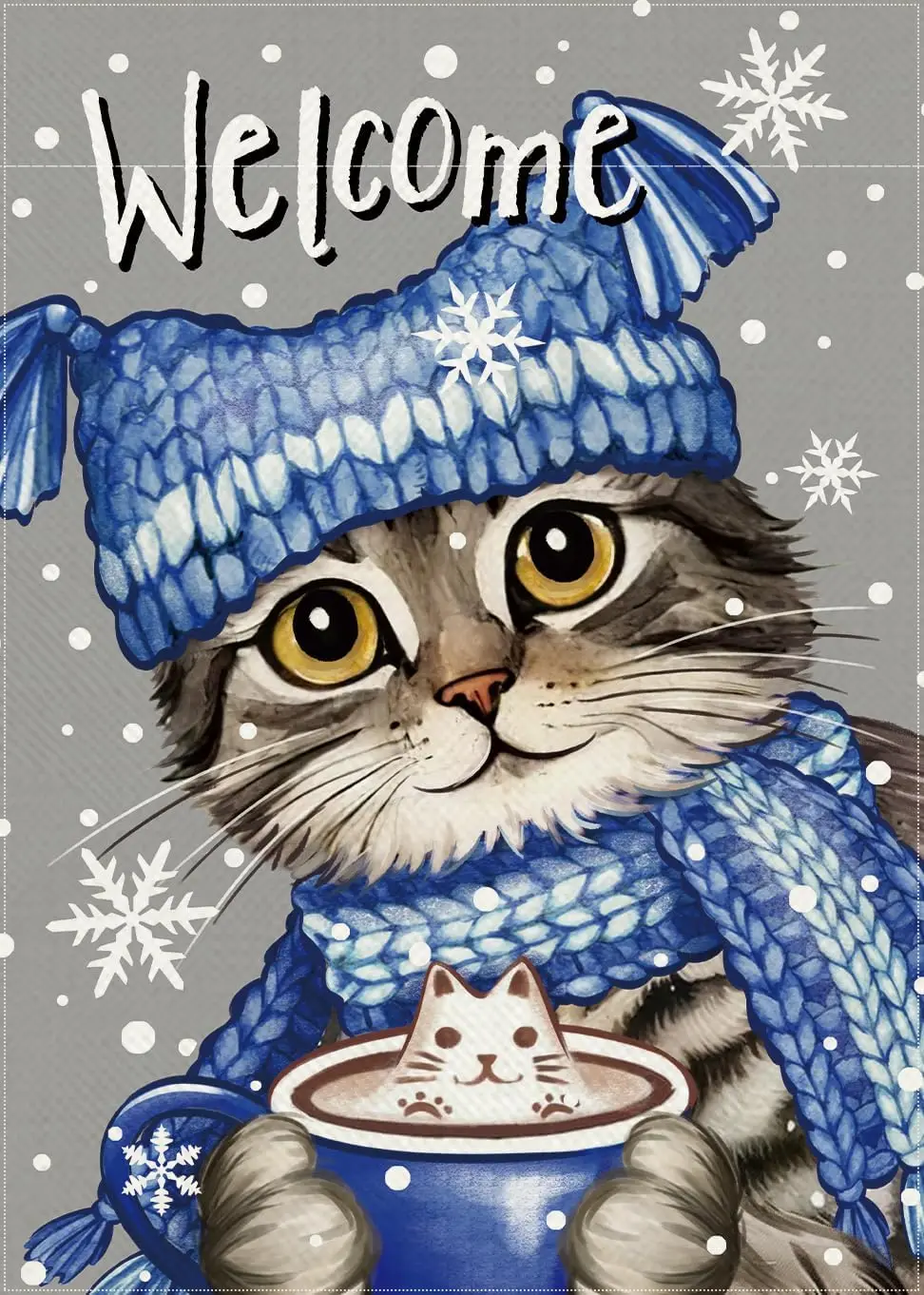 Welcome Winter Tabby Cat Decorative Garden Flag, Coffee Snowflake Yard Outside Decoration Pet Owner Lover Gift, Christmas Se GGX