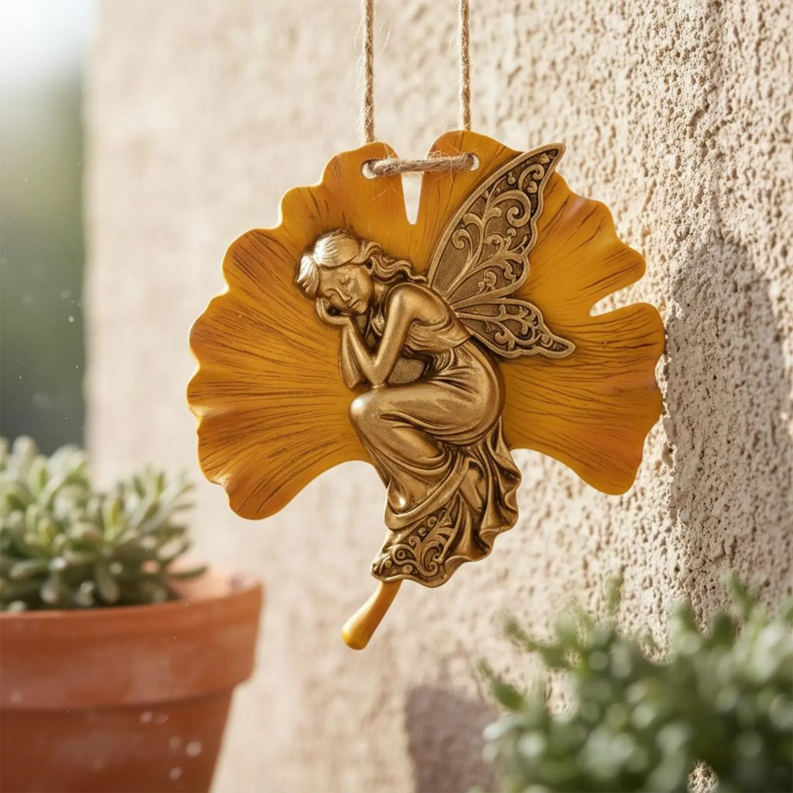 

Ginkgo Fairy Ornament Hand Painted Intricate Resin Hanging Ornament Fairy Wall Hanging Handmade Look Garden Decoration