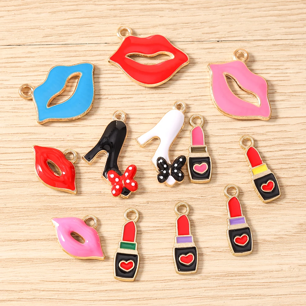 Tusember 10 Stück niedliche High-Heels-Anhänger mit roten Lippen und Lippenstiften für die Schmuckherstellung, Halskette, Ohrringe, Armband, DIY, handgefertigtes Kunsthandwerk – Detail 3