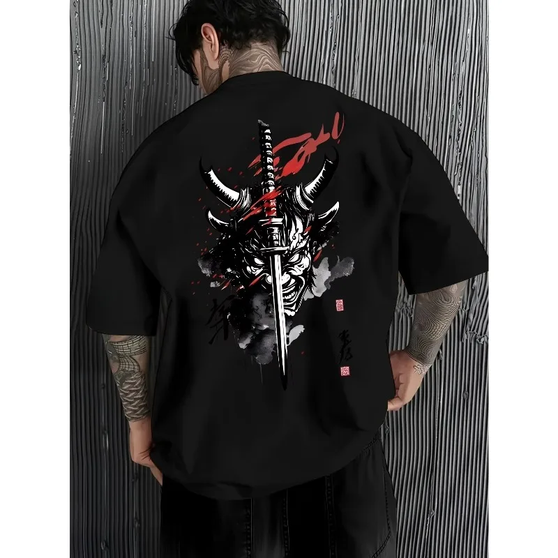 Summer New Men's Cotton Short-Sleeved T-Shirt with Japanese Samurai Ghost Face Pattern Print Comfortable Street Trendy Tops