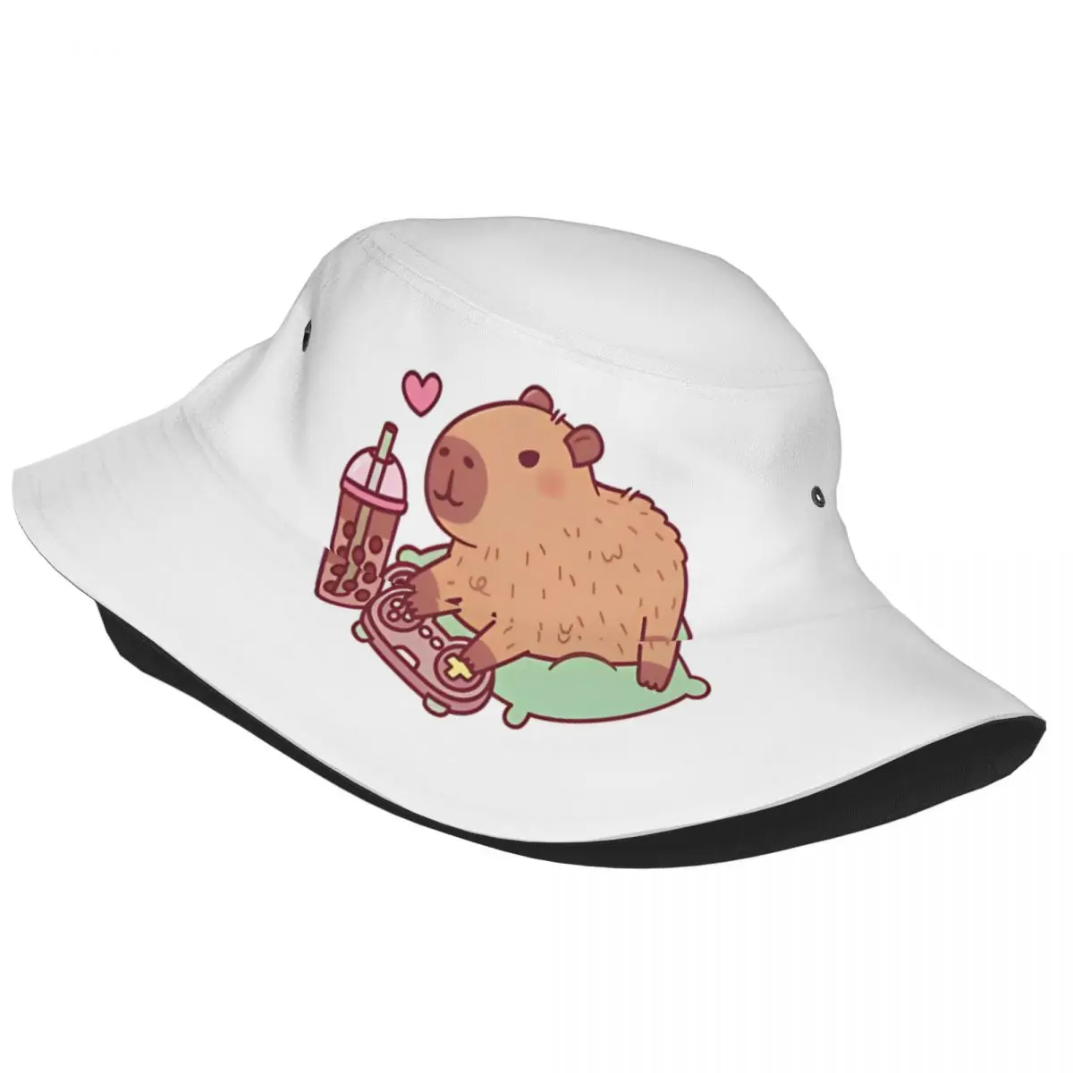 Woman Bucket Hat Cute Capybara Chilling With Video Games And Boba Tea Vocation Getaway Headwear Outdoor Fishing Cap Bob