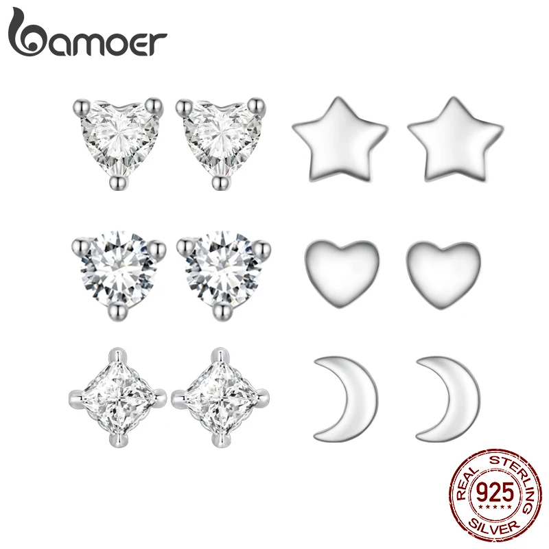 Bamoer 925 Sterling Silver Mini Heart Star and Moon Stud Earrings Shiny Zircon Earrings for Women without earring Back Finding