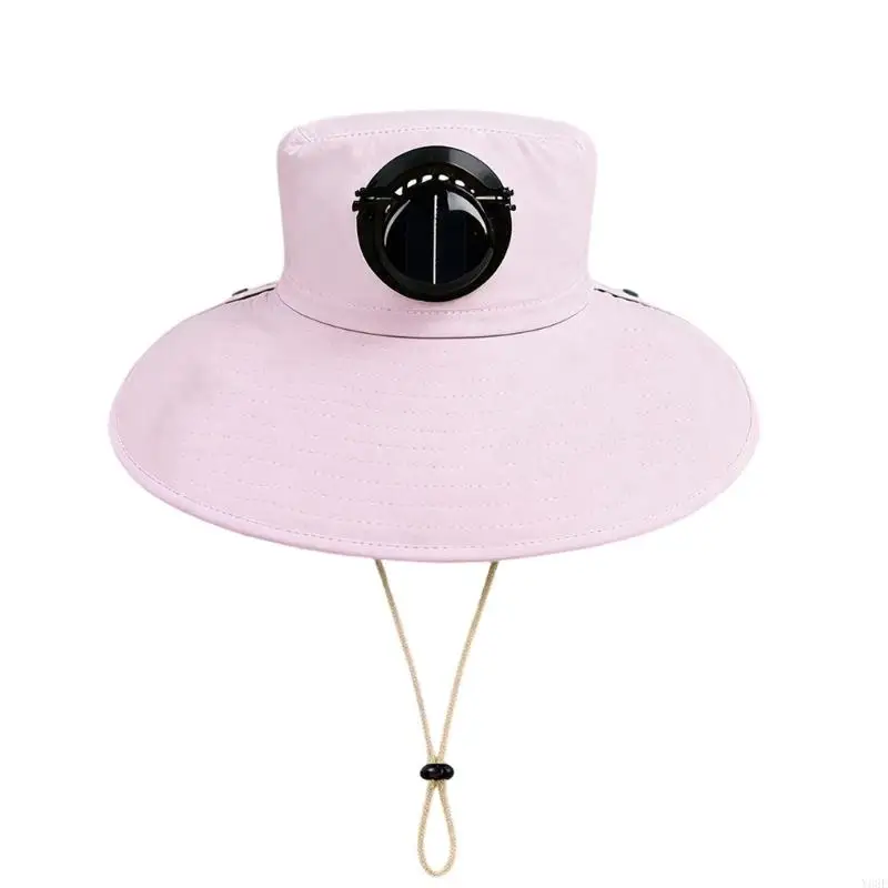Solar Cooling Fan Sun Hat USB Powered Outdoor Shade Hat with Chin Cord and Shade for Fishing Gardening Summer Y08E