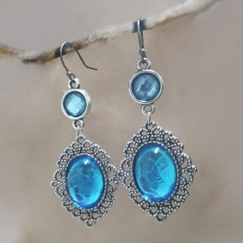 Vintage Blue Drop Cameo Earrings For Women Girls Fashion Bohemian Jewelry Accessories Gift Oval Blue Crystal Pendant Ear Hooks