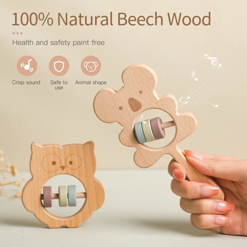 Baby Rattles Cute Wooden Animal Koala Handbells Toy for Kids Baby Newborn Accessories Educational Toys Baby Teether Baby Items