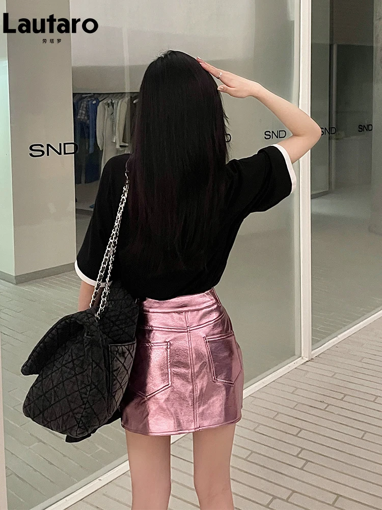 Lautaro Summer Autumn Pink Silver Reflective Shiny Patent Leather Mini Skirts for Women High Waist A Line Short Sexy Y2K Clothes