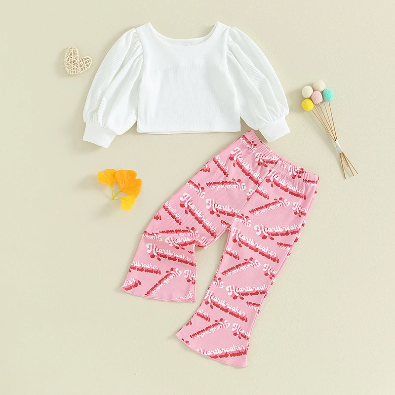 Conjunto de 2 peças para bebês meninas com estampa de coração, tops de manga comprida e calças largas com cintura elástica, roupas para o dia dos namorados