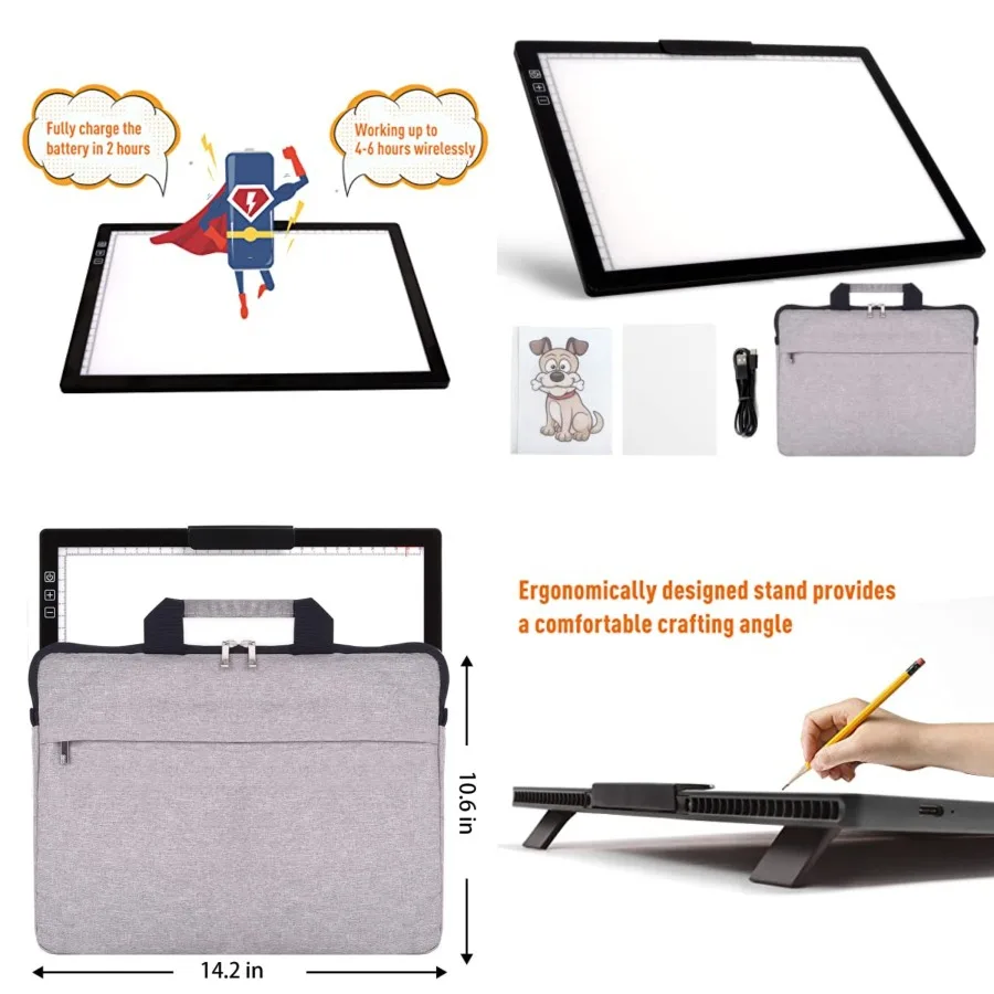 

Rechargeable A4 LED Light Pad with Padded Case, Tracing Light Box w/Riser Stands and Paper Clip, 6 Levels of Brightness, Type-c