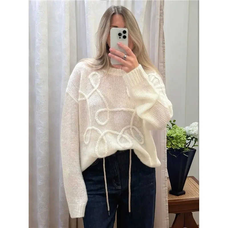 CYL-Fall Long Sleeve Pullover For Women Crewneck Casual Cute Line Decoration Chunky Knit Oversized Sweater