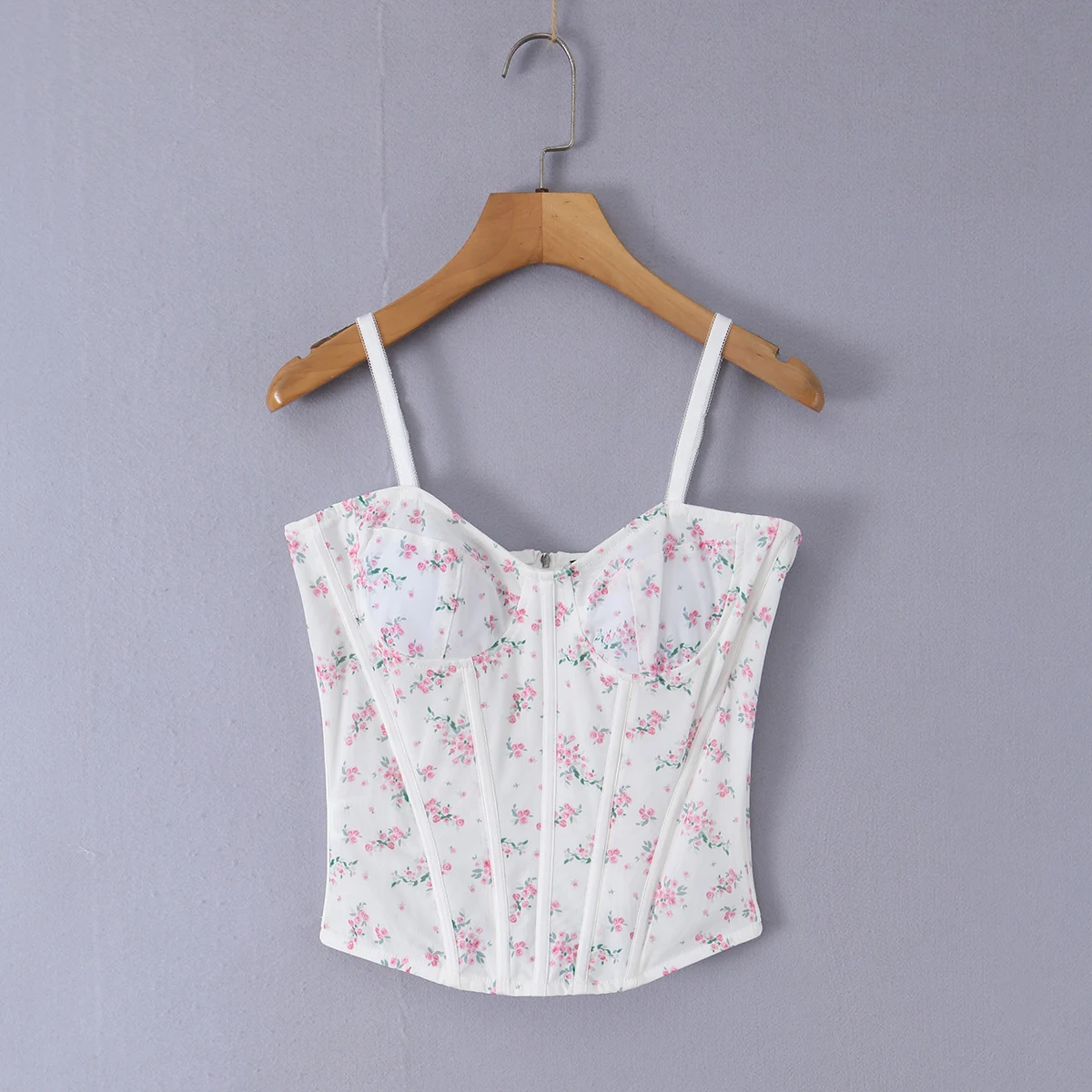 2026 Women Front Boning White Floral Print Mesh Corset Summer Elastic Strap Camis Zip Up Back Slim Fit Tank Top Rope Crop Top
