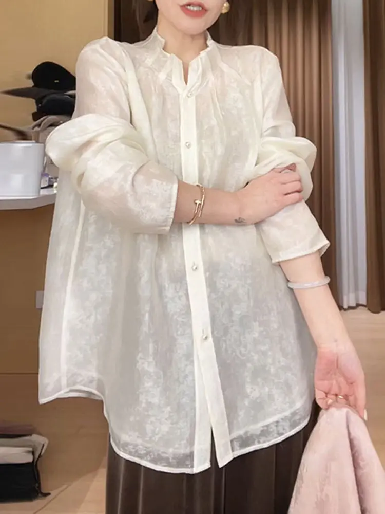 

Spring 2026 Loose Fit Stand Collar Simple Pure Color Women's Shirt Casual Style Long Sleeve Casual Shirt for Middle-Aged Women