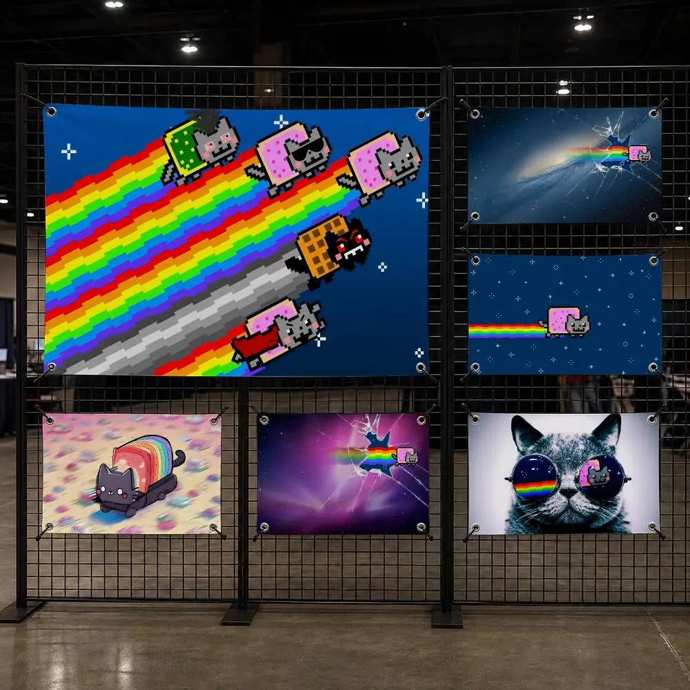 Anime N-Nyan Cat Pixel Game Flags Custom Wall Hanging Background Art Banner For Bedroom Home Living Room Outdoor Decor