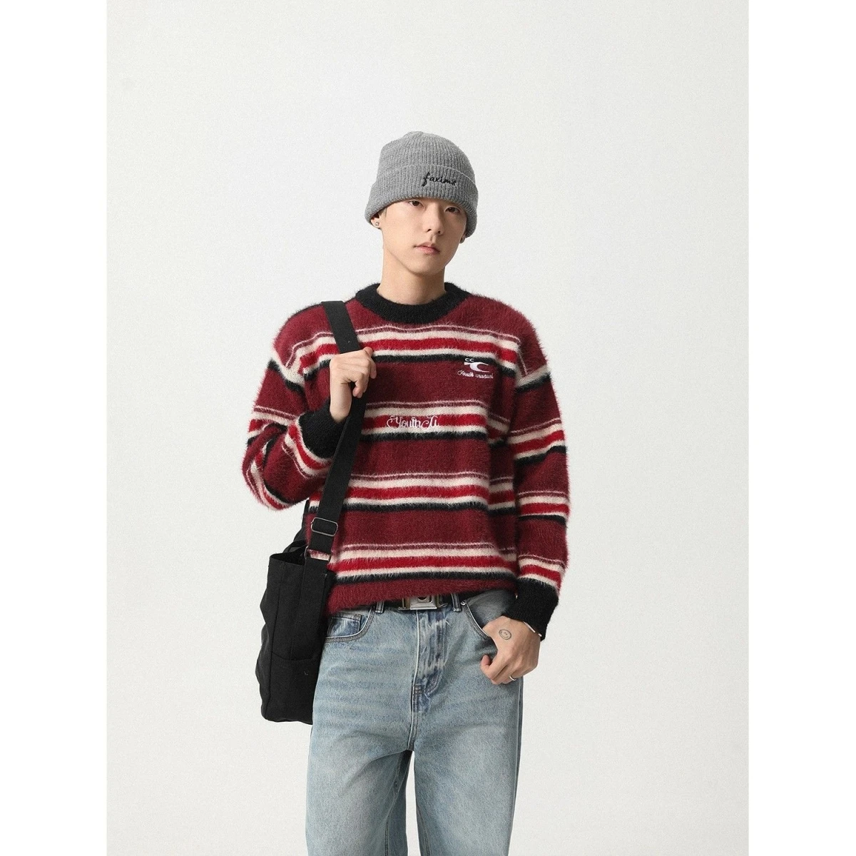 

Осень-зима, новый свитер в полоску с вышивкой из норки, круглый свитер Ne для мужчин и женщин, свободный крой, ленивый крой, вязаный свитер, модный