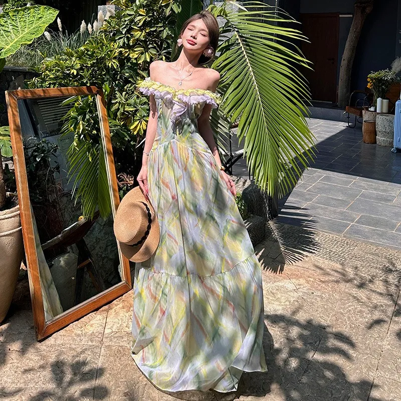 

Stunning One-shoulder Ruffled Strapless Island Vacation Style Fairy Long Dress Backless Beach Dress Fashion Women's Clothing