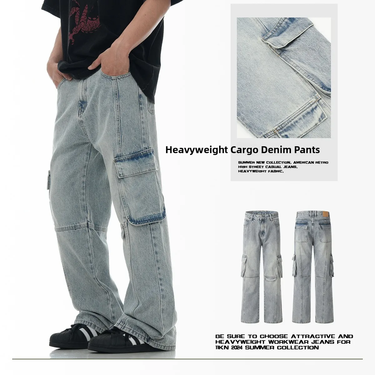 

Loose Straight Leg Workwear Jeans ex Multi-ket Deconstructed Design 3D Casual Wide Leg Trousers for Men And Women