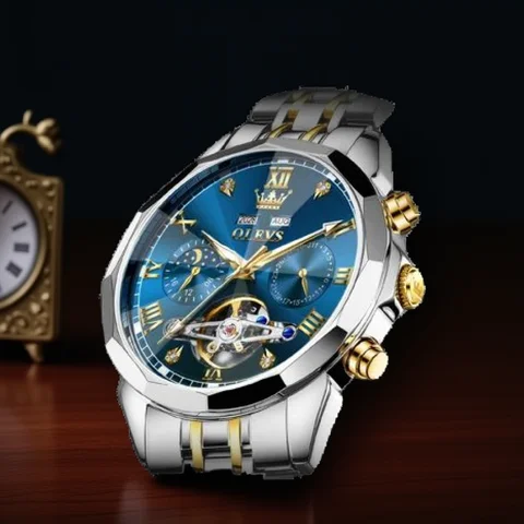 OLEVS 6620 Reloj para Hombre, Reloj mecánico completamente automático de marca de lujo, Reloj resistente al agua con fase lunar, Reloj con volante para Hombre