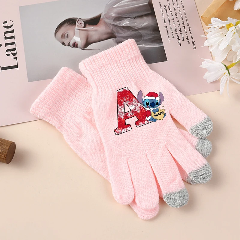 Disney Stitch Gloves Cute Cartoon 26 Letter Screen Gloved Kawaii Winter Warm Mitten Fashion Accessories Children Birthday Gifts