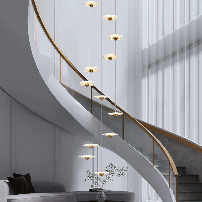 Nordic modern staircase led chandelier villa hotel lobby hanging decorative lamps compound building spiral long line Chandelier