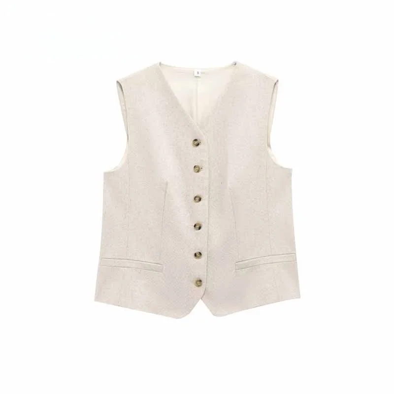 Fashionable Simple Versatile Mixed Linen  Vest Women's Commute Style  Color Single Button Closure Regular Length