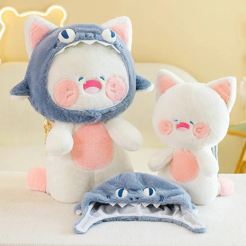 

New Kawaii Shark Cat Plushie Doll Creative Stuffed Animal Dudu Kitten Soft Kids Toy Baby Accompanying Pillow for Girls Xmas Gift