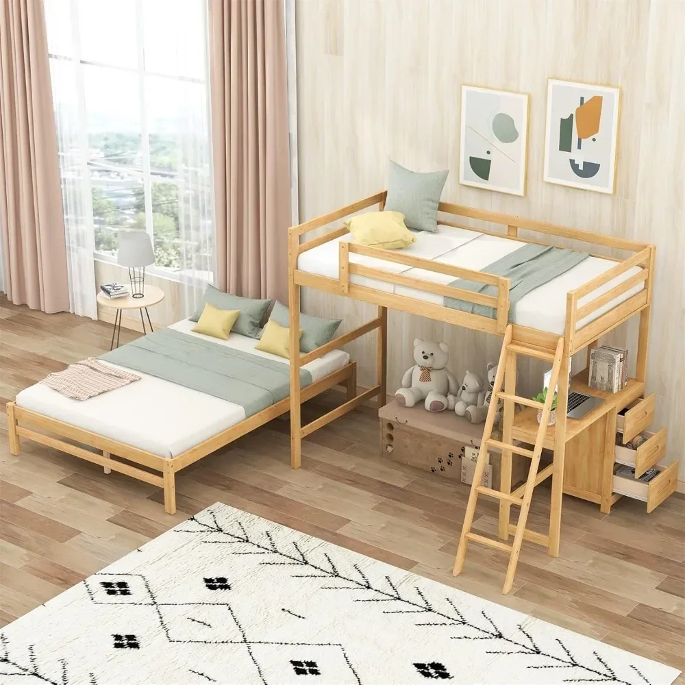 Lit Superposé Double Sièges pour Enfants, Lit Loft Convertible, Chambre Mathiée en 2, Cadre Bunked pour Bol