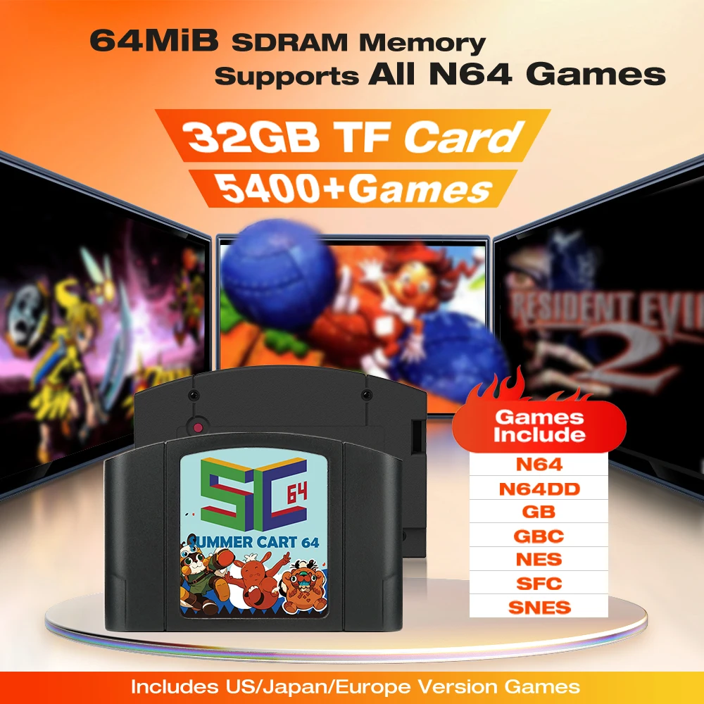 بطاقة ألعاب TicKnot 6TG SC64 SummerCart 64 لوحدة تحكم ألعاب نينتندو 64 بطاقة TF سعة 32 جيجابايت مدمجة في ألعاب 5400+ N64/SFC/SNES/NES/GB/GBC