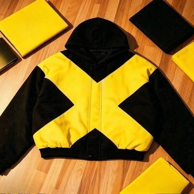 2026 American fashion brand black and yellow cross-shaped jacket high street style loose stand-up collar zipper cardigan jackett view 4
