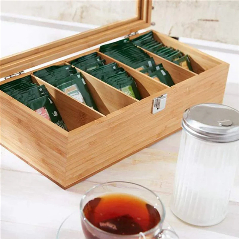 

ABMR-2X Multifunctional Bamboo System Tea Bag Jewelry Organizer Storage Box 5 Compartments Tea Box Organizer Sugar Container