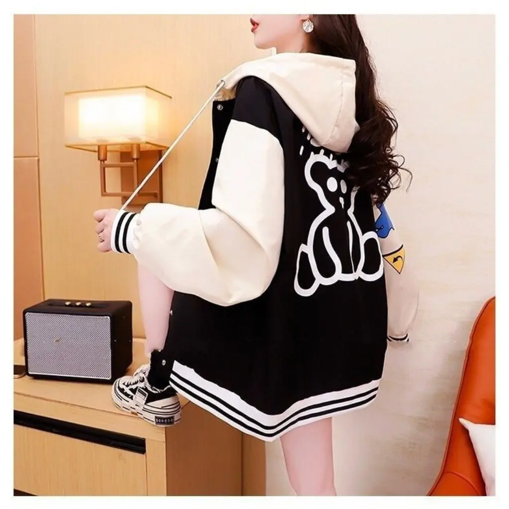 

Preppy Style Women's Baseball Jacket Loose Fit Korean New Spring Autumn Casual Hooded Sweet Fashion Upperwear