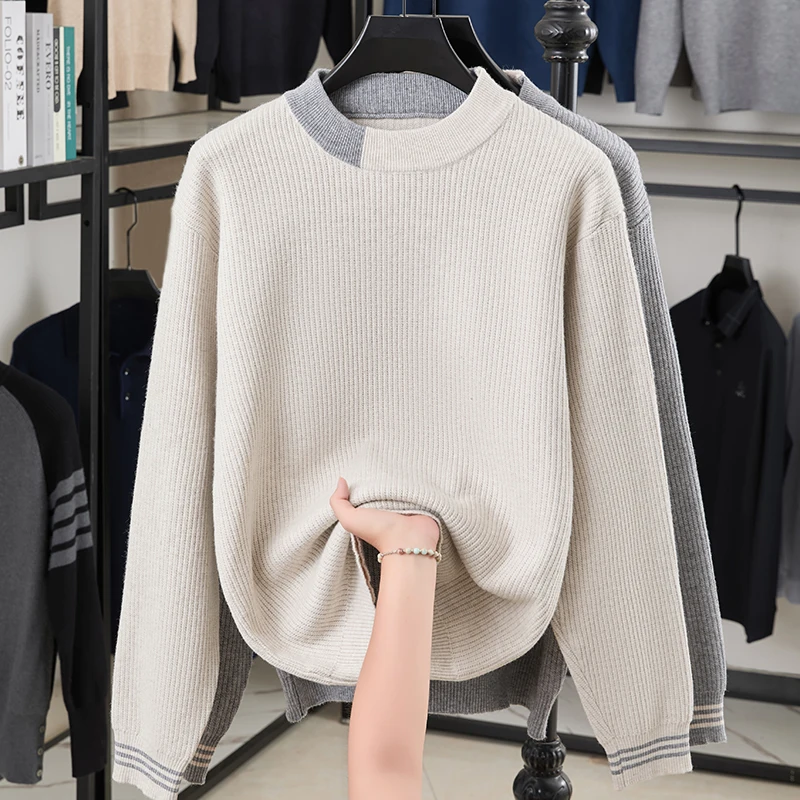 

Hot Selling High-Quality Men's O-Neck Knitted Sweater New Arrival Color Blocked Collar Striped Pullover Winter Business Menswear