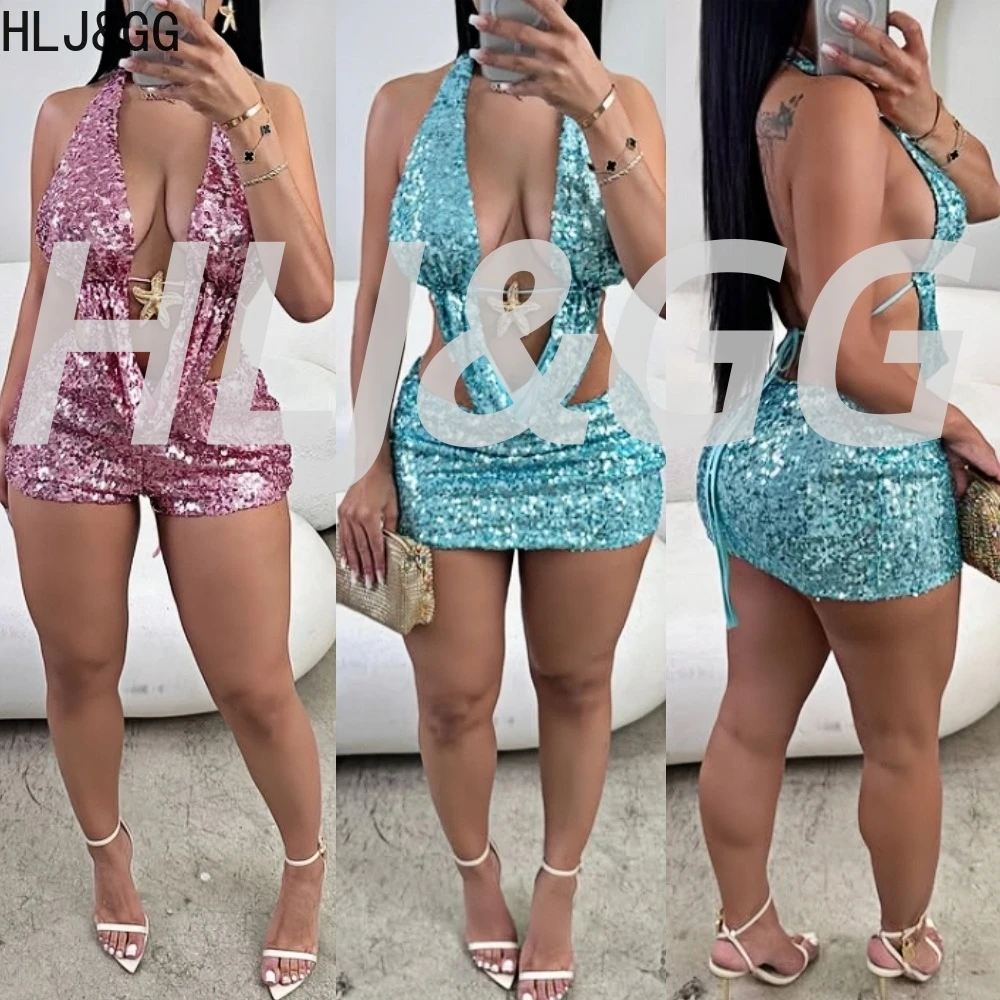 

HLJ&GG Sexy Sequin Halter Deep V Two Piece Sets Hollow Backless Top And Shorts Outfits Fashion Holiday Vacation 2pcs Streetwear