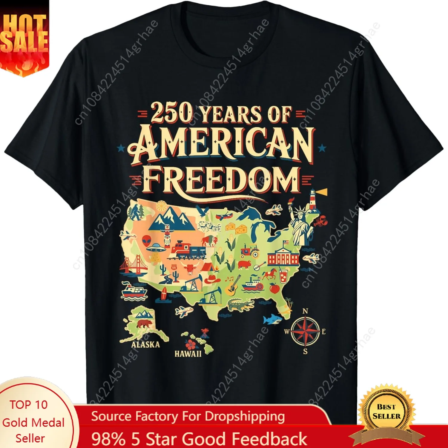 

250 Years United States Map Patriotic Art for Freedom Lovers T-Shirt