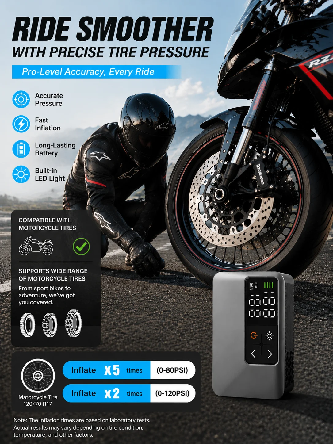 Elektrische Fahrradreifenpumpe, tragbarer Mini-Motorradreifenfüller, kompakt für Rennräder/Mountainbikes – Detail 6