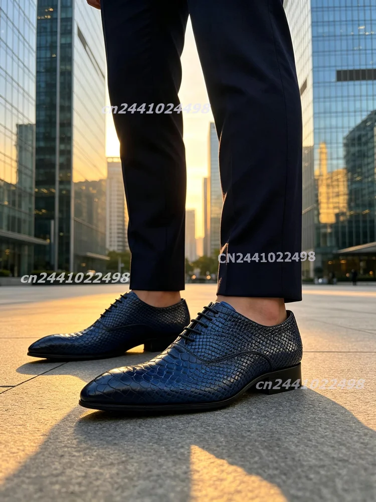 Men's Fashion Pointed Toe Blue Oxfords Snake Print Faux Leather Lace Up Handmade Burnished Toe Embossed Bussiness Dress Footwear