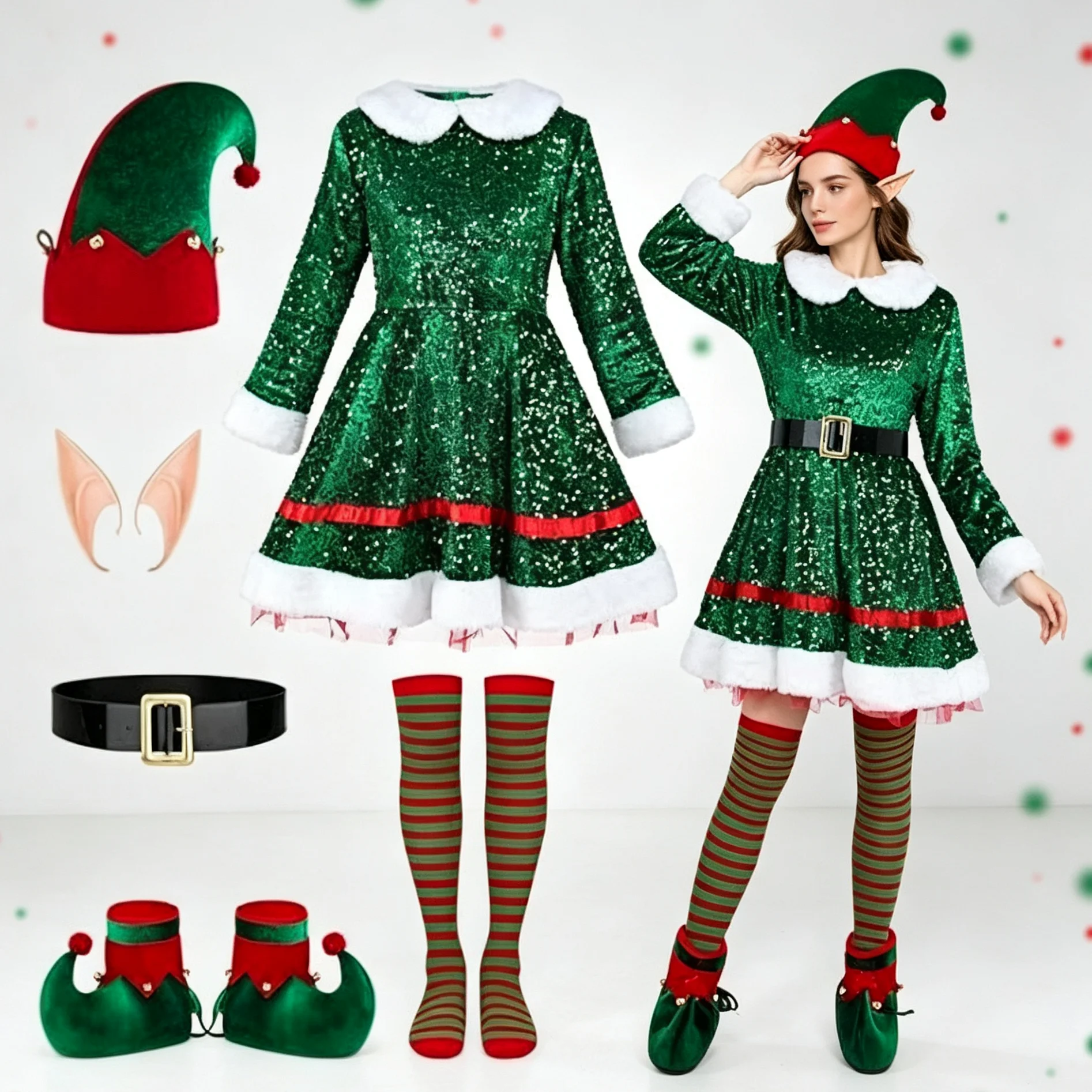 Glitzerndes Pailletten-Weihnachtself-Kostüm für Damen, Weihnachtsfeier-Verkleidung, Cosplay-Outfit, Komplettset mit Ohren, Pelzbesatz, Grünes Outfit 2026 – Detail 2