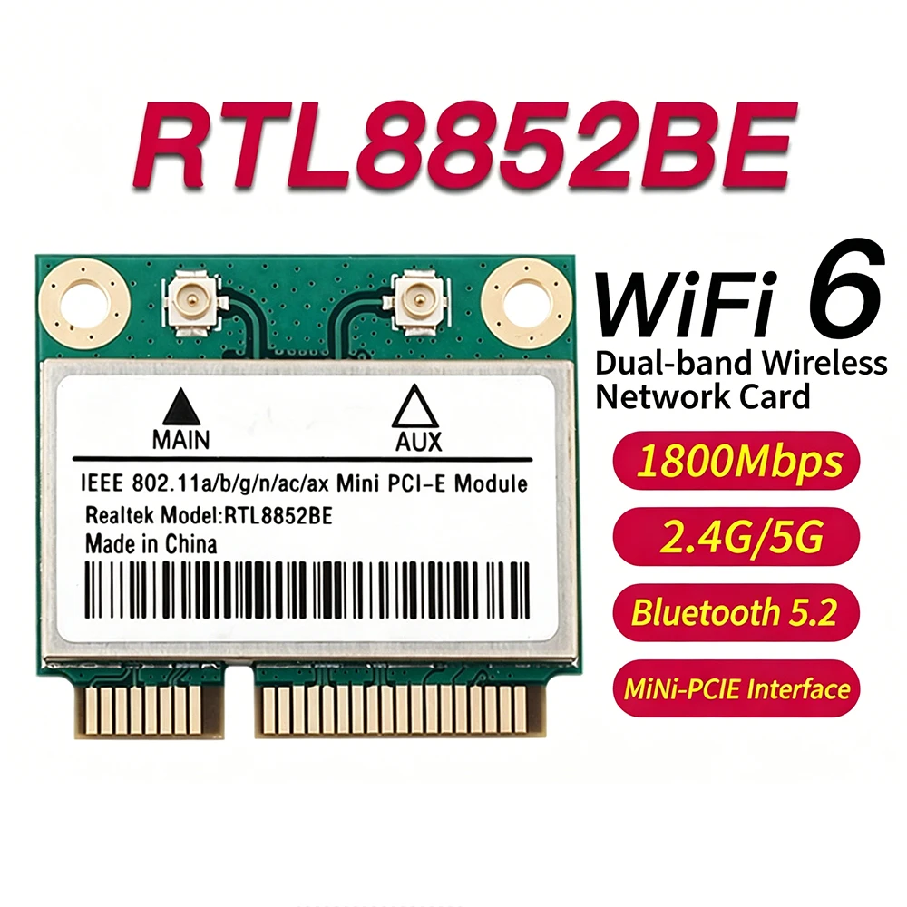 RTL8852BE Wifi6 Mini PCI-E Bluetooth 5.2 AX1800 Network Adapter 2.4G/5Ghz  For Laptop Computer Win 10/11