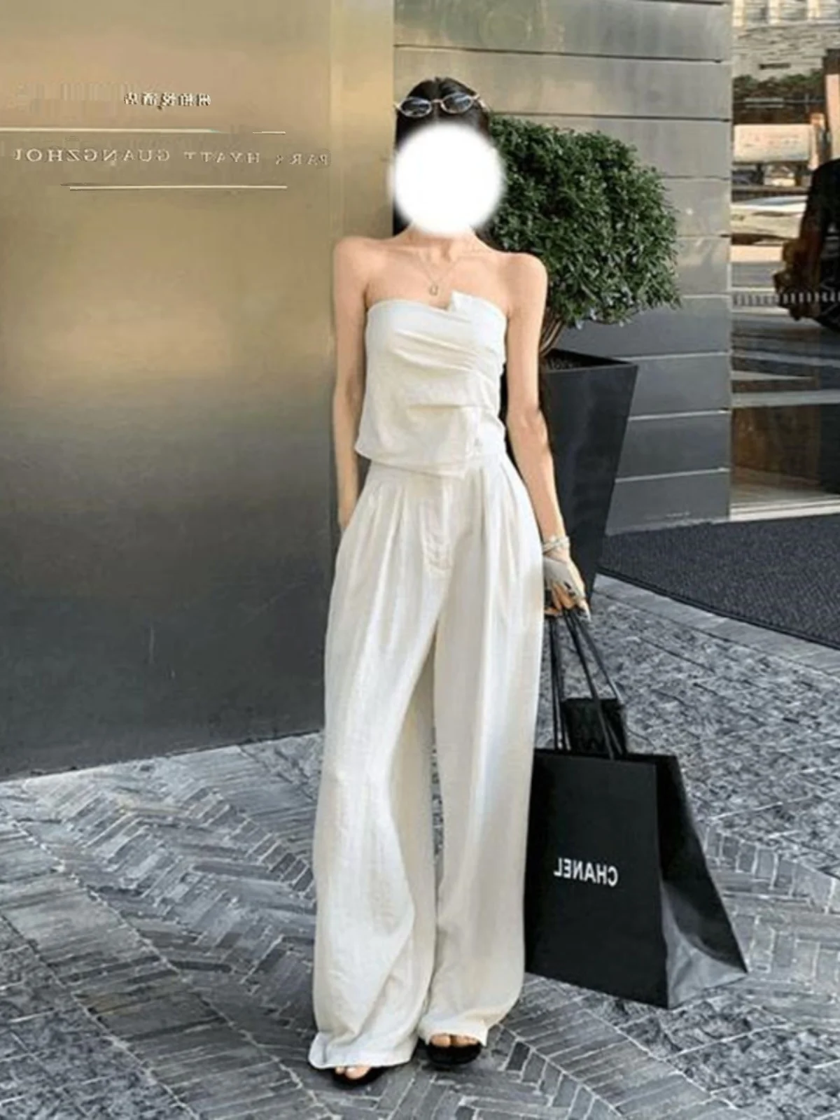 Sexy Trendy White Texture High Waist Wide Leg Pants Set Women's Fashion Asymmetrical Pleated Crop Top And High Waist Pants