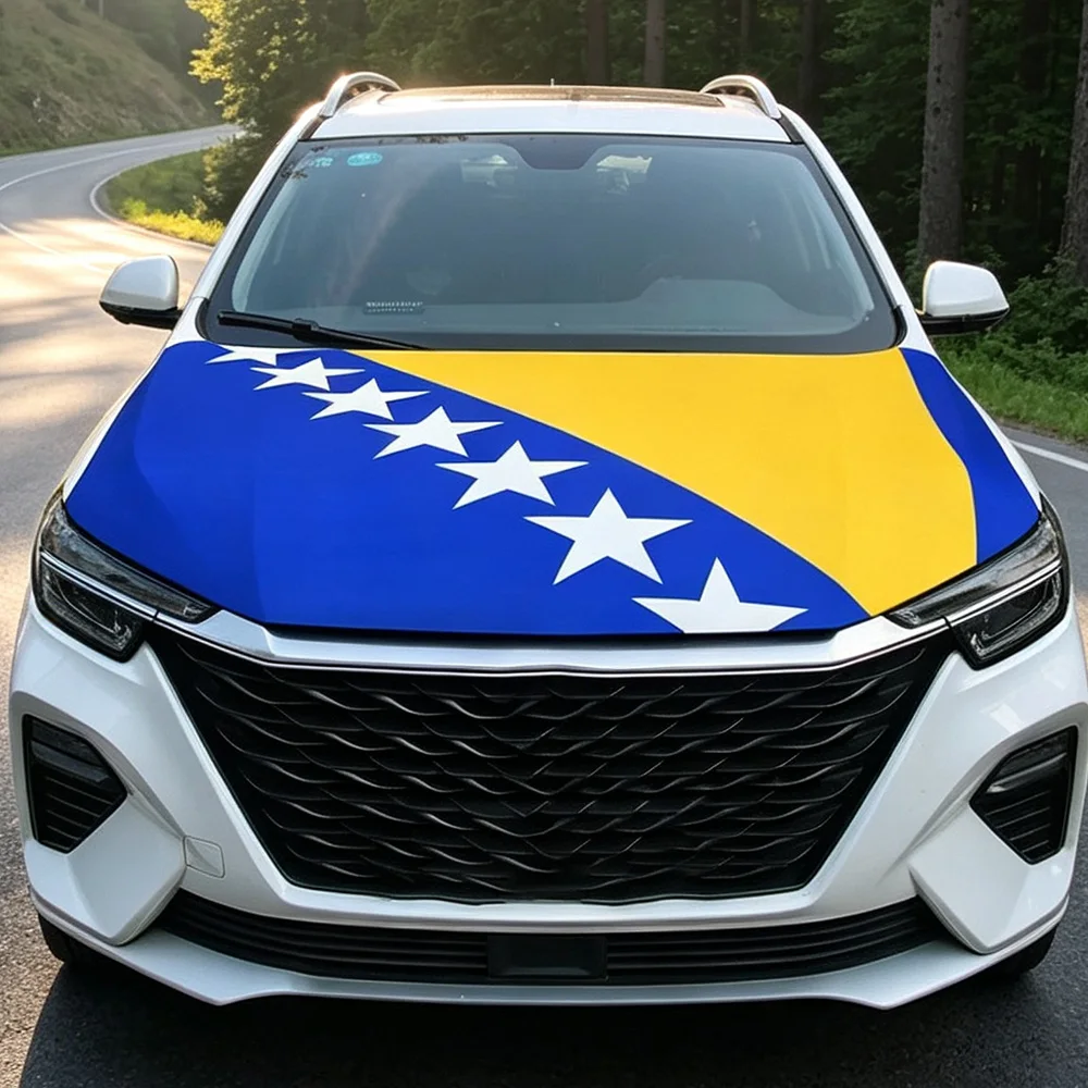 1pc Bosnia and Herzegovina Flag Banner Car Hood Cover Flag Elastic Fabric For Decor- Engine Hood Protector for Most Cars