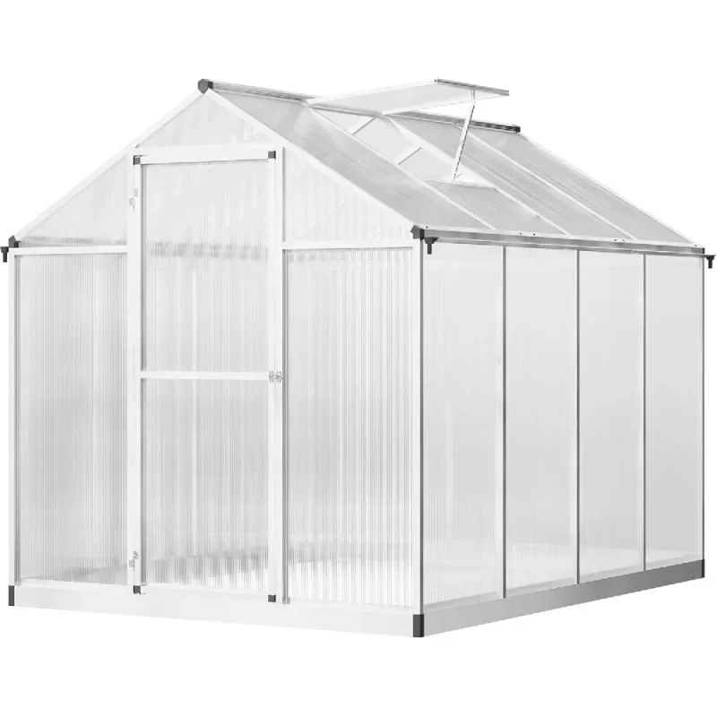 

8' X 6' Greenhouse For Outdoors, Polycarbonate Greenhouse With Rain Gutter And Roof Vent, Aluminum Walk-In Green Houses