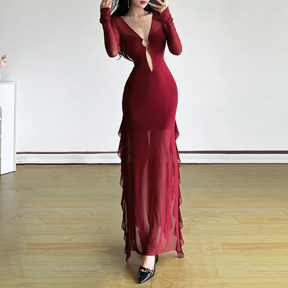 Abito patchwork in rete Anelli da donna Profondo scollo a V Manica lunga Increspature Orlo Moda Stile versatile Prom Party Abiti eleganti