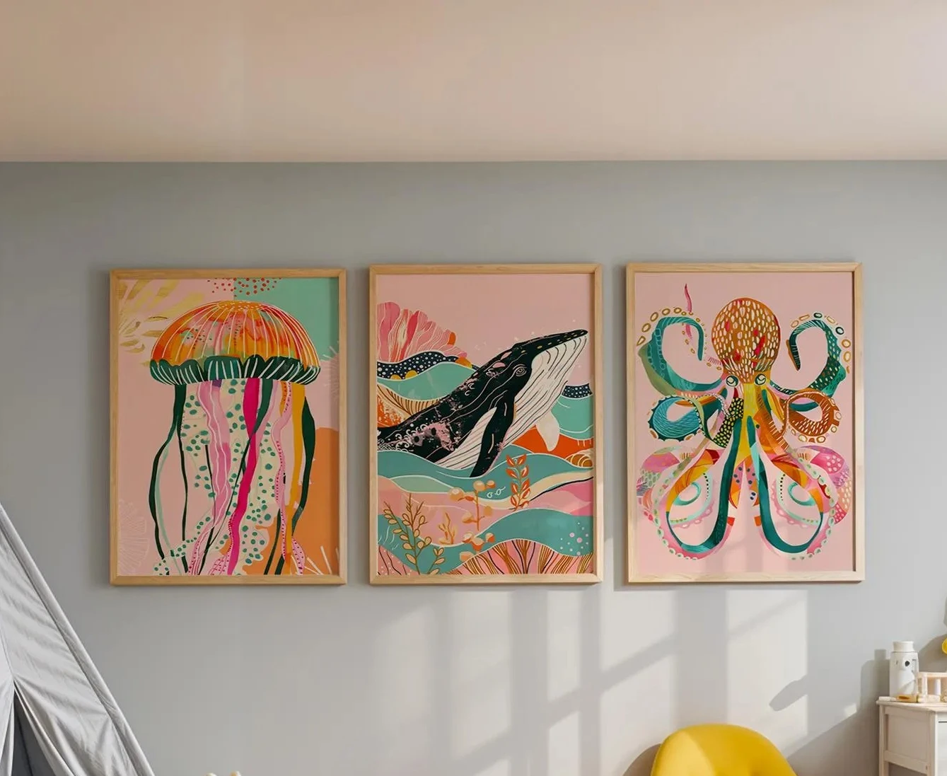 Set Of 3 Sea Animal Posters, Kids Wall Prints, Whale, Jelly Fish, Octopus, Pink Wall Decor, Magical Wall Art, Nursery Prints