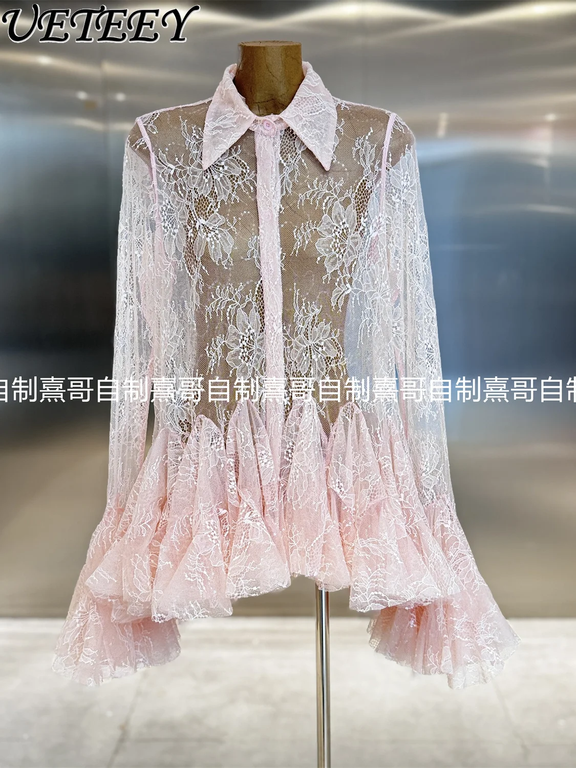 

Vietnamese Niche Designer Gentle Sequin Embroidery Floral Lace Bell Sleeve Petal Lace Blouse Women Top Female Sweet Shirt Dress