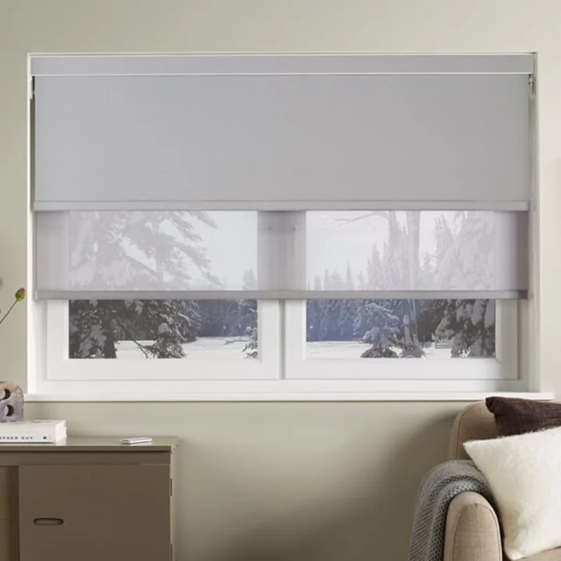 Customized Cordless Double Roller Window Blinds Dual Layer Light Filtering Blackout Shades Smart Motorized Battery Powered Curta