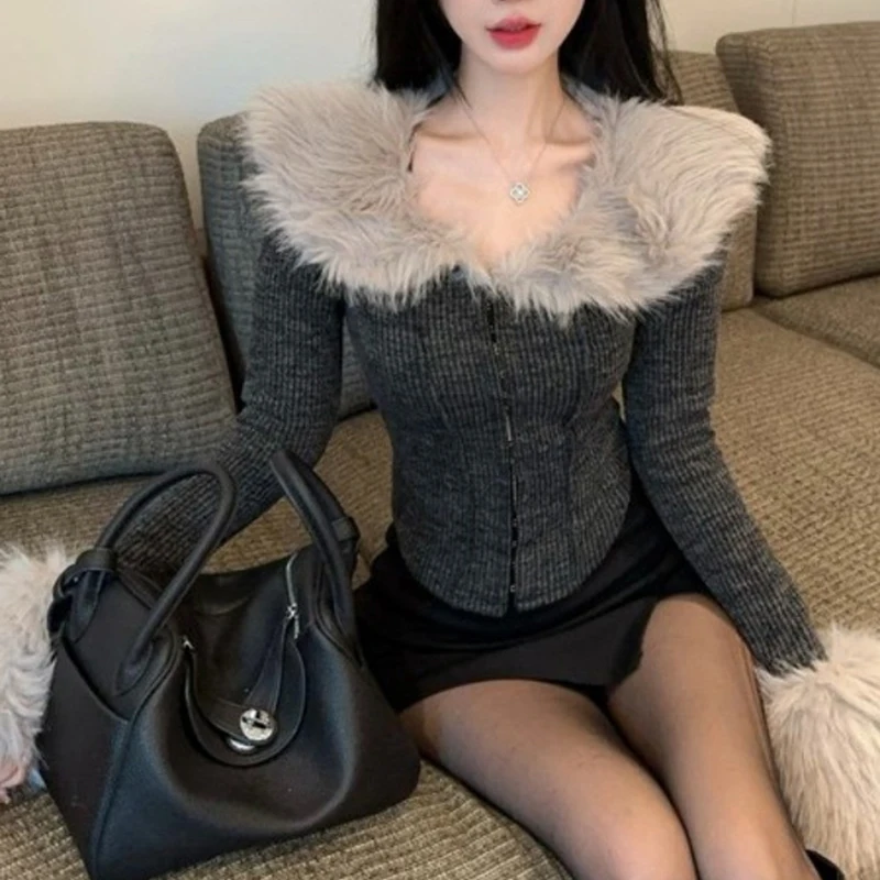 American Hottie Knitted Cardigan Women Faux Fur Patchwork Slim Fit Coat Fall Winter Fashion Ribbed Two Way Zipper Sexy Outwear