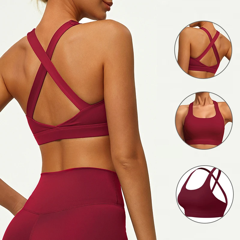 

Women's Criss Cross Back Yoga Sports Bra, Medium Support Wireless Padded Athletic Bra for Gym Workout Running