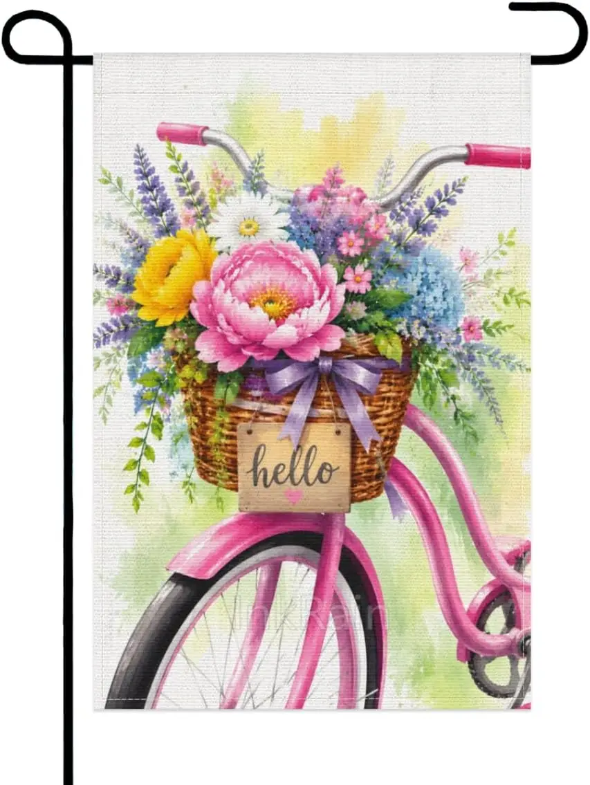 InkRain Hello Floral Bicycle Garden Flag 12x18 Inch, Pink Bike with Peony and Hydrangea Basket, Watercolor Art Spring Summer kkz